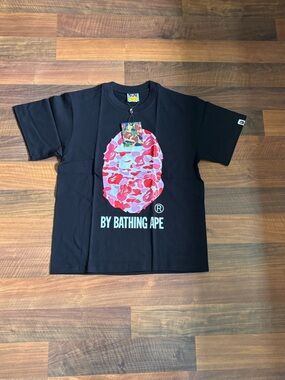 Bape Black Tee with Pink & Red Camo Ape Head